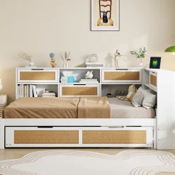 Canape lit bois 140x200 avec lit gigogne lit multifonction avec rangements multiples et prise de charge blanc