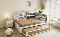 Canape lit bois 140x200 avec lit gigogne lit multifonction avec rangements multiples et prise de charge blanc