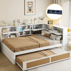 Canape lit bois 140x200 avec lit gigogne lit multifonction avec rangements multiples et prise de charge blanc