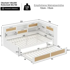 Canape lit bois 140x200 avec lit gigogne lit multifonction avec rangements multiples et prise de charge blanc