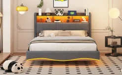 Canape lit 140x200 avec eclairage LED rangement tete en tissu gris et ports USB Type C