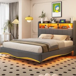 Canape lit 140x200 avec eclairage LED rangement tete en tissu gris et ports USB Type C