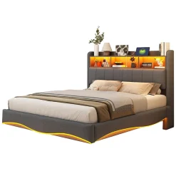 Canape lit 140x200 avec eclairage LED rangement tete en tissu gris et ports USB Type C