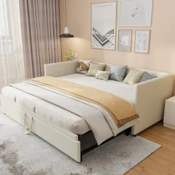 Canapé-lit 90/180 X 200 Cm, Lit De Jour Extensible Avec Sommier à Lattes, Canapé 2 Places, Beige