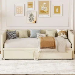 Canapé-lit 90/180 X 200 Cm, Lit De Jour Extensible Avec Sommier à Lattes, Canapé 2 Places, Beige