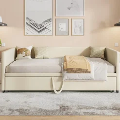 Canapé-lit 90/180 X 200 Cm, Lit De Jour Extensible Avec Sommier à Lattes, Canapé 2 Places, Beige