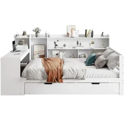 Canapé-lit bois 140x200cm blanc bureau/casiers/prises lit escamotable multifonction