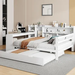Canapé-lit bois 140x200cm blanc bureau/casiers/prises lit escamotable multifonction