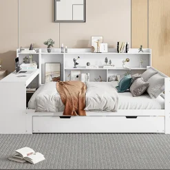 Canapé-lit bois 140x200cm blanc bureau/casiers/prises lit escamotable multifonction