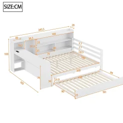 Canapé-lit bois 140x200cm blanc bureau/casiers/prises lit escamotable multifonction