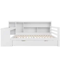 Canapé-lit bois 140x200cm blanc bureau/casiers/prises lit escamotable multifonction