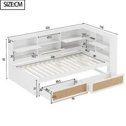 Canapé-lit bois 90x200cm, tiroir, rangement, prise, blanc