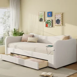 Canapé-lit capitonné 90x200cm - Avec lit gigogne - 2 tiroirs de rangement - Port USB - Tissu bouclé - Beige (sans matelas)