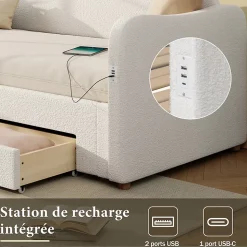 Canapé-lit capitonné 90x200cm - Avec lit gigogne - 2 tiroirs de rangement - Port USB - Tissu bouclé - Beige (sans matelas)