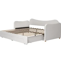 Canapé-lit capitonné 90x200cm - Avec lit gigogne - 2 tiroirs de rangement - Port USB - Tissu bouclé - Beige (sans matelas)