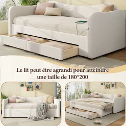 Canapé-lit capitonné 90x200cm - Avec lit gigogne - 2 tiroirs de rangement - Port USB - Tissu bouclé - Beige (sans matelas)