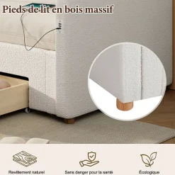 Canapé-lit capitonné 90x200cm - Avec lit gigogne - 2 tiroirs de rangement - Port USB - Tissu bouclé - Beige (sans matelas)