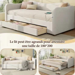 Canapé-lit capitonné 90x200cm - Avec lit gigogne - 2 tiroirs de rangement - Port USB - Tissu velours - Beige (Matelas non inclus)