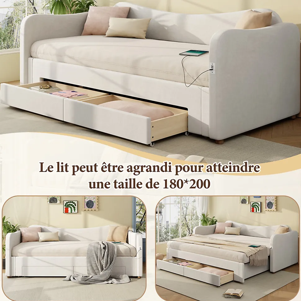 Canapé-lit capitonné 90x200cm - Avec lit gigogne - 2 tiroirs de rangement - Port USB - Tissu velours - Beige (Matelas non inclus)