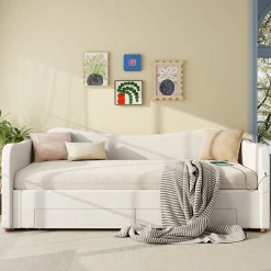 Canapé-lit capitonné 90x200cm - Avec lit gigogne - 2 tiroirs de rangement - Port USB - Tissu velours - Beige (Matelas non inclus)