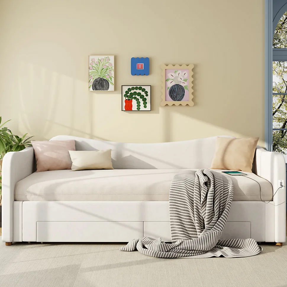 Canapé-lit capitonné 90x200cm - Avec lit gigogne - 2 tiroirs de rangement - Port USB - Tissu velours - Beige (Matelas non inclus)