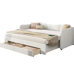 Canapé-lit capitonné 90x200cm - Avec lit gigogne - 2 tiroirs de rangement - Port USB - Tissu velours - Beige (Matelas non inclus)