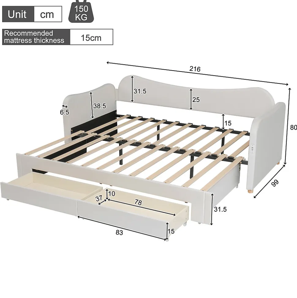Canapé-lit capitonné 90x200cm - Avec lit gigogne - 2 tiroirs de rangement - Port USB - Tissu velours - Beige (Matelas non inclus)