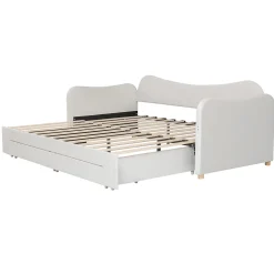 Canapé-lit capitonné 90x200cm - Avec lit gigogne - 2 tiroirs de rangement - Port USB - Tissu velours - Beige (Matelas non inclus)