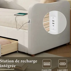 Canapé-lit capitonné 90x200cm - Avec lit gigogne - 2 tiroirs de rangement - Port USB - Tissu velours - Beige (Matelas non inclus)
