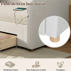 Canapé-lit capitonné 90x200cm - Avec lit gigogne - 2 tiroirs de rangement - Port USB - Tissu velours - Beige (Matelas non inclus)