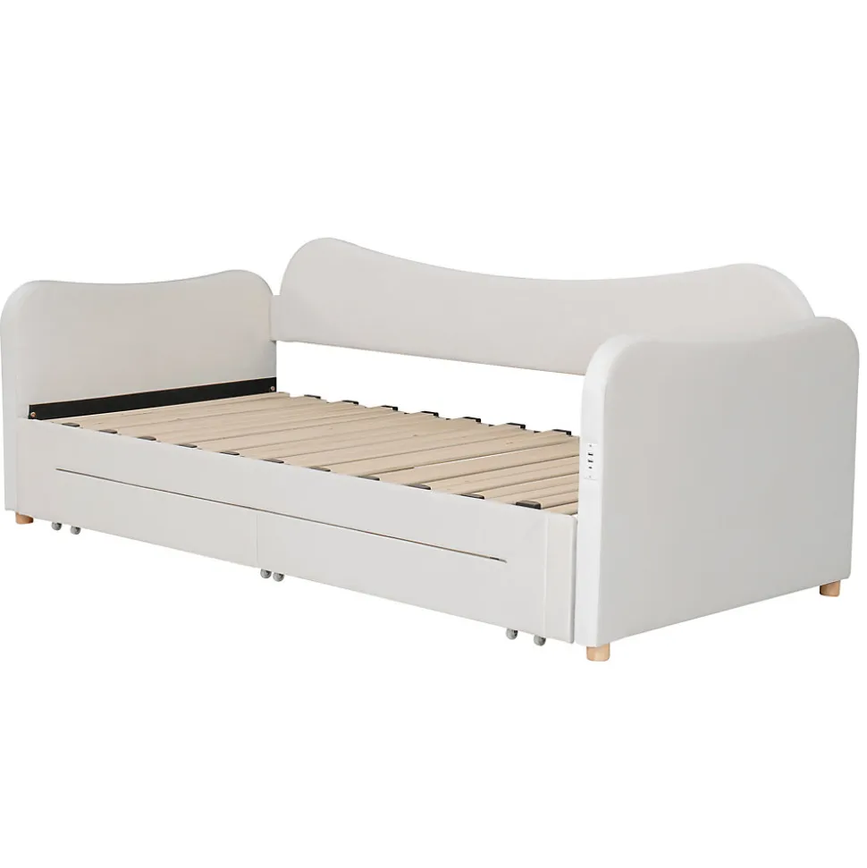 Canapé-lit capitonné 90x200cm - Avec lit gigogne - 2 tiroirs de rangement - Port USB - Tissu velours - Beige (Matelas non inclus)