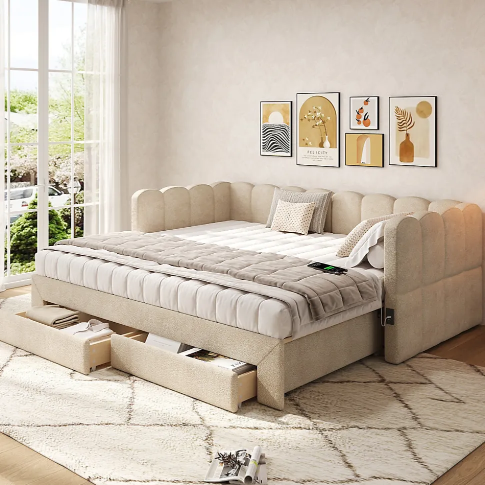 Canapé-lit capitonné 90x190cm - lit gigogne - 2 tiroirs - port USB - tissu chenille - beige (matelas non inclus)
