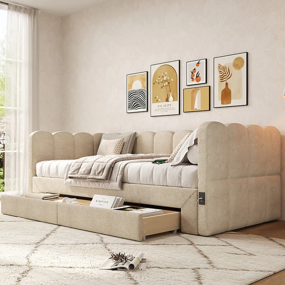 Canapé-lit capitonné 90x190cm - lit gigogne - 2 tiroirs - port USB - tissu chenille - beige (matelas non inclus)