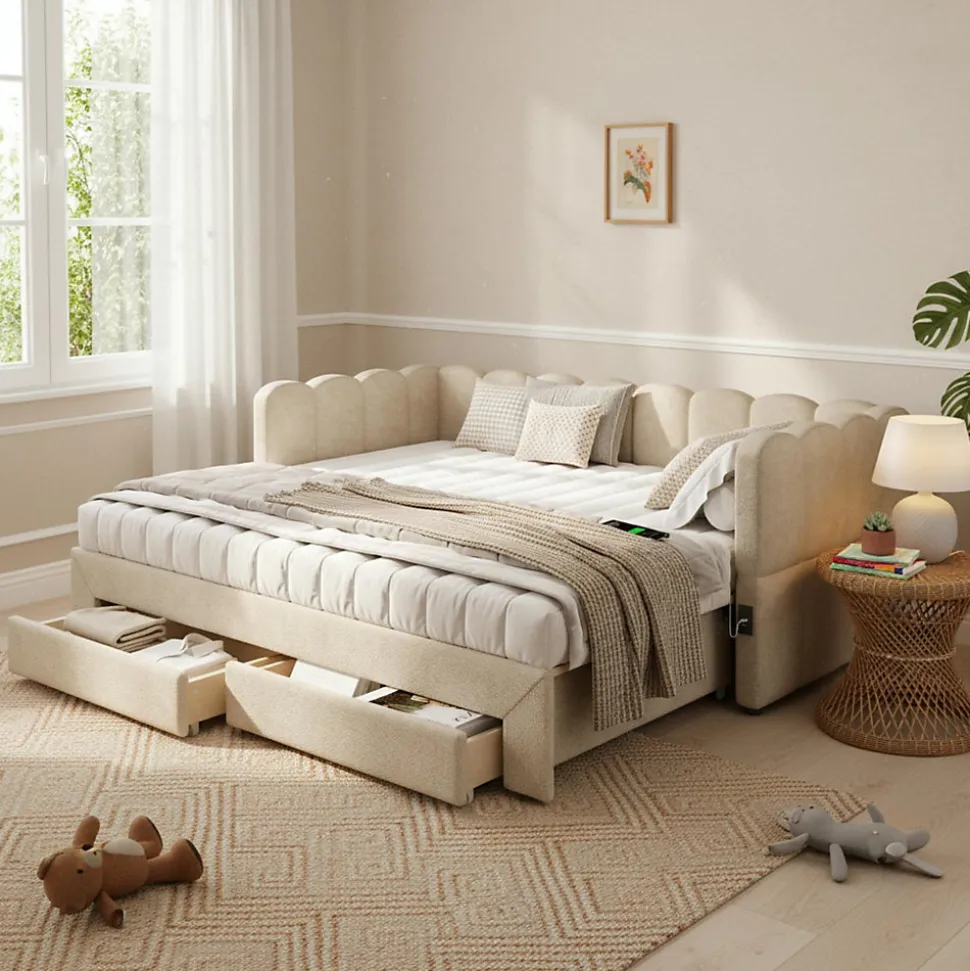 Canapé-lit capitonné 90x190cm - lit gigogne - 2 tiroirs - port USB - tissu chenille - beige (matelas non inclus)