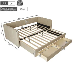Canapé-lit capitonné 90x190cm - lit gigogne - 2 tiroirs - port USB - tissu chenille - beige (matelas non inclus)