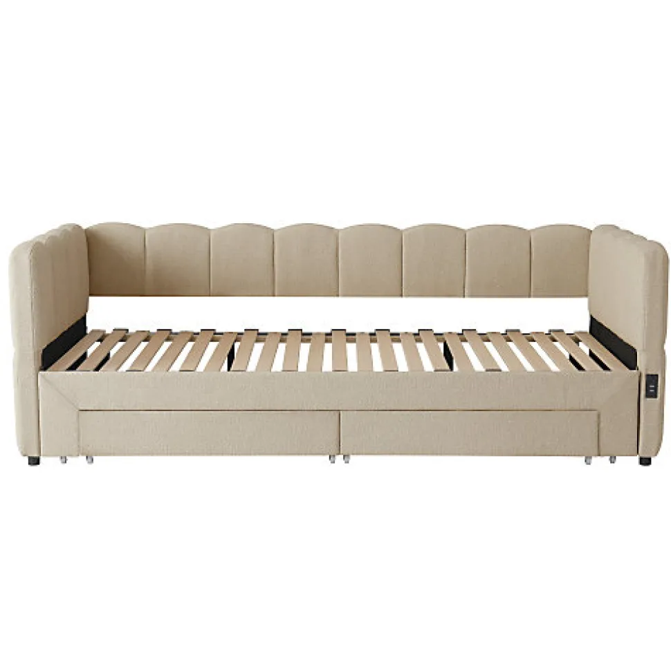 Canapé-lit capitonné 90x190cm - lit gigogne - 2 tiroirs - port USB - tissu chenille - beige (matelas non inclus)