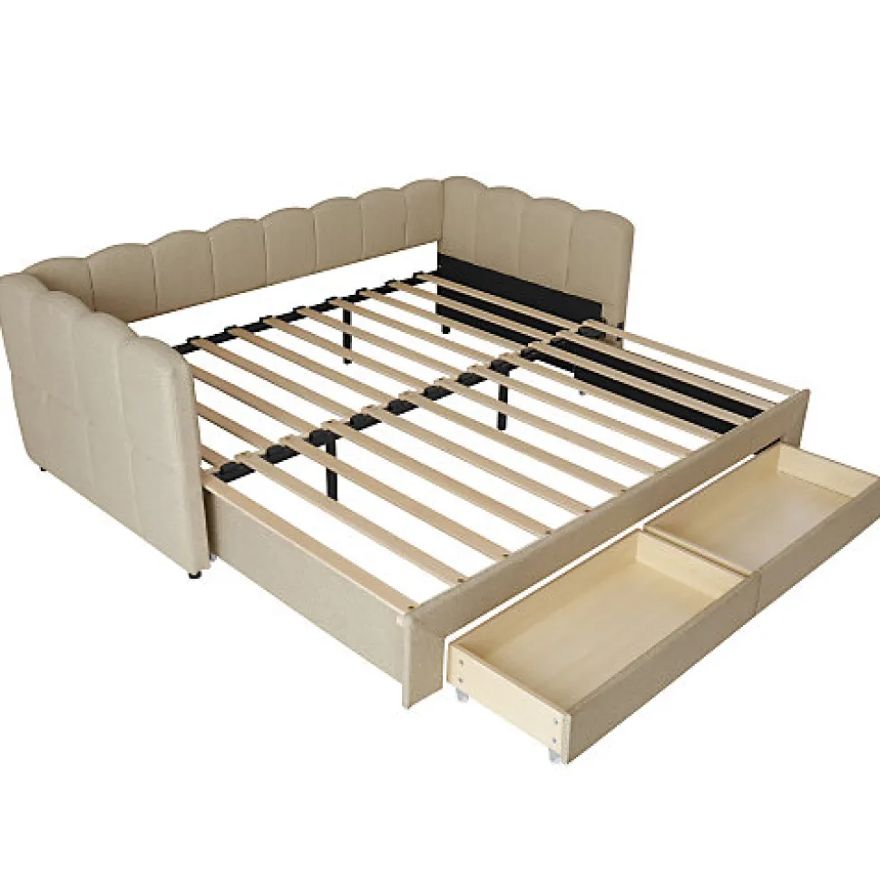 Canapé-lit capitonné 90x190cm - lit gigogne - 2 tiroirs - port USB - tissu chenille - beige (matelas non inclus)
