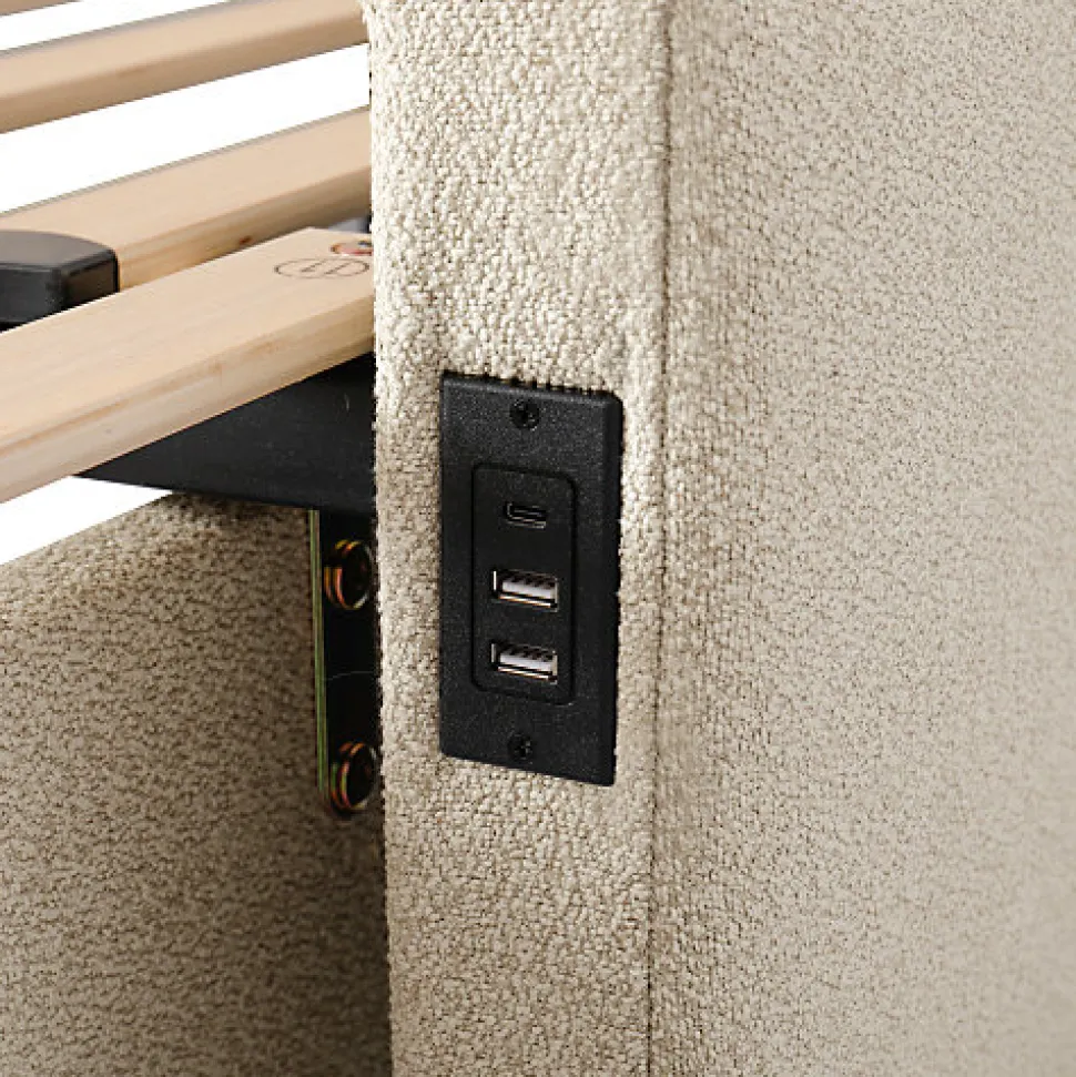 Canapé-lit capitonné 90x190cm - lit gigogne - 2 tiroirs - port USB - tissu chenille - beige (matelas non inclus)