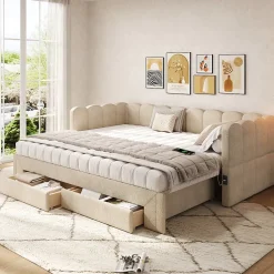 Canapé-lit capitonné 90x200cm - lit gigogne - 2 tiroirs - port USB - tissu chenille - beige (matelas non inclus)