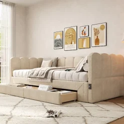 Canapé-lit capitonné 90x200cm - lit gigogne - 2 tiroirs - port USB - tissu chenille - beige (matelas non inclus)