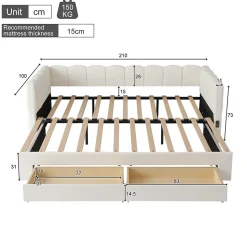 Canapé-lit capitonné 90x190cm - lit gigogne - 2 tiroirs - port USB - tissu chenille - beige (matelas non inclus)