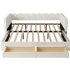 Canapé-lit capitonné 90x190cm - lit gigogne - 2 tiroirs - port USB - tissu chenille - beige (matelas non inclus)