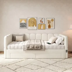 Canapé-lit capitonné 90x190cm - lit gigogne - 2 tiroirs - port USB - tissu chenille - beige (matelas non inclus)