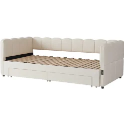 Canapé-lit capitonné 90x190cm - lit gigogne - 2 tiroirs - port USB - tissu chenille - beige (matelas non inclus)