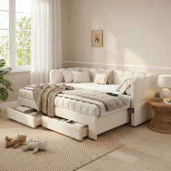 Canapé-lit capitonné 90x190cm - lit gigogne - 2 tiroirs - port USB - tissu chenille - beige (matelas non inclus)
