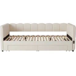 Canapé-lit capitonné 90x190cm - lit gigogne - 2 tiroirs - port USB - tissu chenille - beige (matelas non inclus)