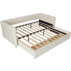 Canapé-lit capitonné 90x190cm - lit gigogne - 2 tiroirs - port USB - tissu chenille - beige (matelas non inclus)
