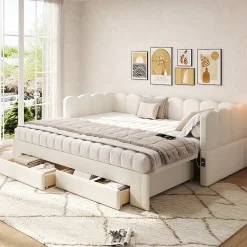 Canapé-lit capitonné 90x200cm - lit gigogne - 2 tiroirs - port USB - tissu chenille - beige (matelas non inclus)