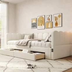 Canapé-lit capitonné 90x200cm - lit gigogne - 2 tiroirs - port USB - tissu chenille - beige (matelas non inclus)