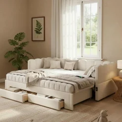 Canapé-lit capitonné 90x200cm - lit gigogne - 2 tiroirs - port USB - tissu chenille - beige (matelas non inclus)